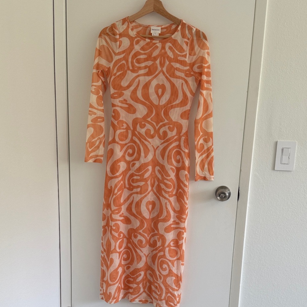 Find Me Now Dream On Orange and Ivory Long Sleeve Mesh Maxi Dress